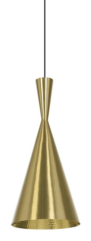 Goldene Tom Dixon Beat Tall Pendelleuchte mit gehämmertem Inneren und Kegelform.